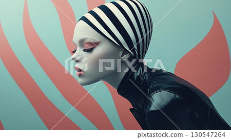 Beautiful woman wearing black latex costume with striking red lips portrait 130547264