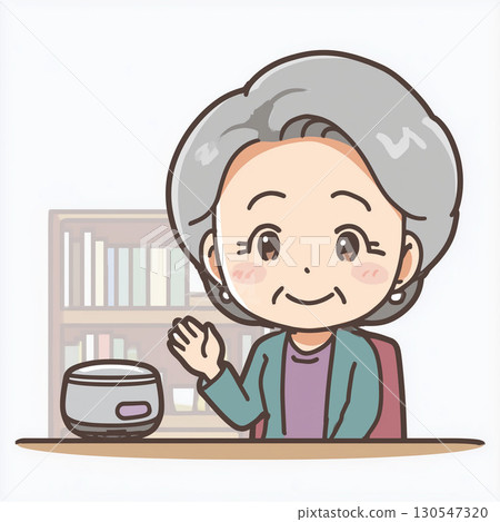 一位老年婦女在客廳與智慧音箱交談的插圖 130547320