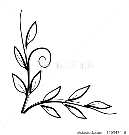 Botanical corner frame Line Art Clipart Hand Drawn Black and White Leaf Outline Illustration Fall Foliage Transparent Background for Stickers Journals Scrapbooking Craft printable 130547446