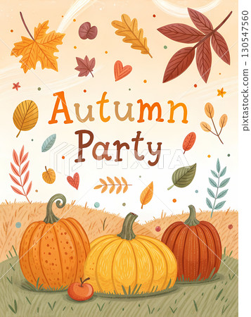 Illustrative banner showcases joyful pumpkins and autumn leaves set against a warm background 130547560