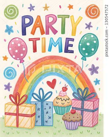 A fun design features balloons, gifts, and cupcakes for a festive child's party 130547572