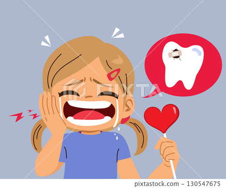 Baby Girl Crying With Toothache Holding Heart Lollipop Baby Girl Crying With Toothache Holding Heart Lollipop 130547675