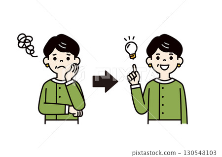 Upper body vector illustration of a woman in her 50s or 60s who was worried but came up with a good idea - color 130548103
