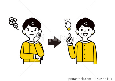 A vector illustration of the upper body of a woman in a suit in her 50s or 60s who was worried but came up with a solution 130548104