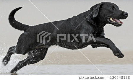 Black Labrador Retriever running through shallow water on the beach 130548128