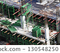 Concrete building under construction with scaffolding, steel reinforcement, and green formwork panels arranged around pillars, showcasing progress, structure, and modern architecture development 130548250