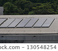 Solar panels installed on metal factory rooftop with green trees in background, symbolizing clean energy adoption, sustainable industry, renewable power, and eco-friendly technology 130548254