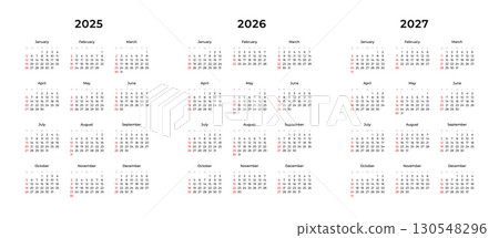 Vertical annual calendar template for 2025, 2026 and 2027 year isolated on a transparent background. Week Starts on SUNDAY. Business calendar in a minimalist style for 2025, 2026 and 2027 year. Vector 130548296