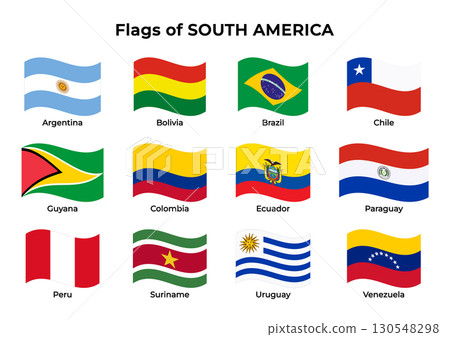 Wavy Flags of South American sovereign states isolated on transparent background. Collection of official national flags of South America including Argentina, Bolivia, Brazil, Chile, and others. Vector 130548298