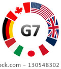 Circle of G7 flags. Circular arrangement of G7 member country flags with bold G7 text in the center, isolated on transparent background. Symbolizes global cooperation and economic partnership. Vector 130548302