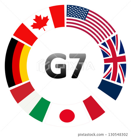 Circle of G7 flags. Circular arrangement of G7 member country flags with bold G7 text in the center, isolated on transparent background. Symbolizes global cooperation and economic partnership. Vector Circle of G7 flags. Circular arrangement of G7 member country flags with bold G7 text in the center, isolated on transparent background. Symbolizes global cooperation and economic partnership. Vector 130548302