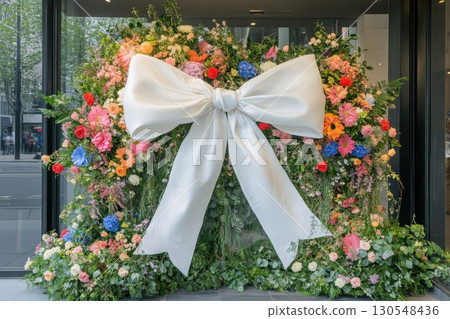 Vibrant floral display with white bow in urban setting celebrating joyful occasions 130548436