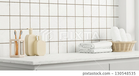 Stylish bathroom countertop with functional accessories and towels, 3D render illustration. 130548535