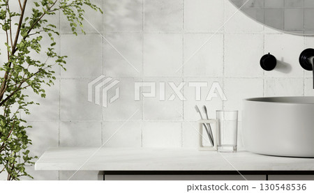 Modern minimalist bathroom decor with sleek accents, 3D render illustration. 130548536