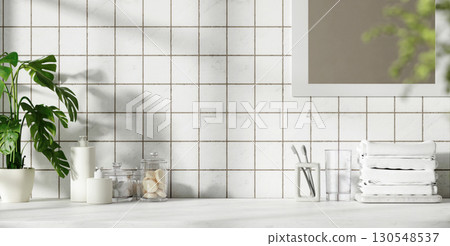Stylish bathroom countertop with elegant accessories and natural light, 3D render illustration. 130548537