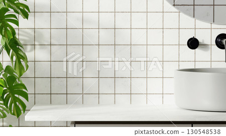 Elegant bathroom sink design with minimalist tile backdrop, 3D render illustration. 130548538