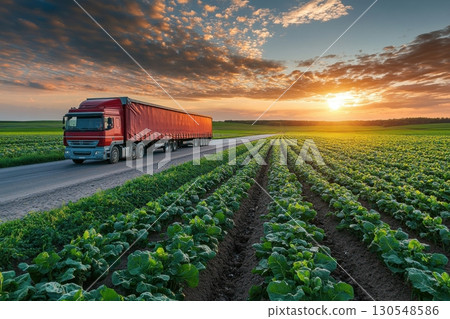 Truck transporting fresh produce at sunset rural farm landscape photography agricultural industry wide view transportation impact 130548586