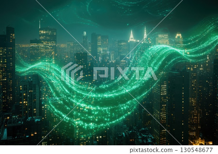 Futuristic light waves transform city skyline new york digital art urban environment aerial view innovation 130548677
