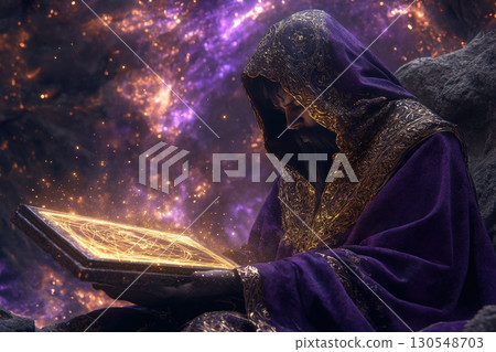 Mystical sorcerer reading ancient tome enchanted cave fantasy art cosmic environment close-up arcane knowledge 130548703