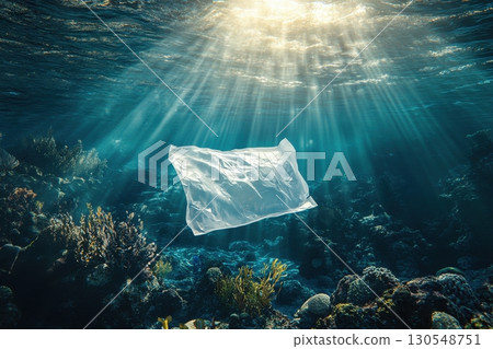 Underwater plastic pollution ocean environmental impact marine life aesthetic conservation awareness 130548751
