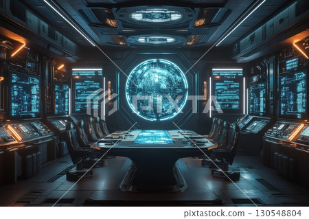 Futuristic command center sci-fi universe digital display high-tech environment wide angle strategic planning 130548804