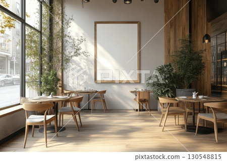 Cozy dining experience urban interior modern aesthetic vibrant cityscape wide angle view serene natural elements 130548815