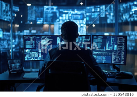 Data analysis event cybersecurity control room high-tech environment monitor view digital surveillance impact 130548816