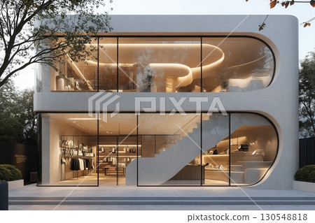 Stunning modern retail store design urban setting architectural showcase contemporary environment wide-angle view innovative concept 130548818