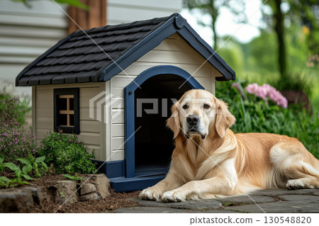 Golden retriever relaxing outside dog house in a cozy garden setting capturing tranquil pet lifestyle 130548820