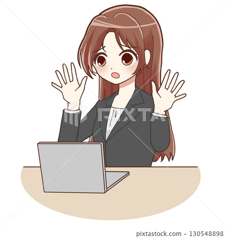 A woman in a suit operating a computer (surprised and confused) 130548898