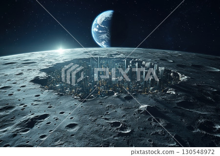 Lunar city exploration moon digital art sci-fi aerial view futuristic urban environment 130548972