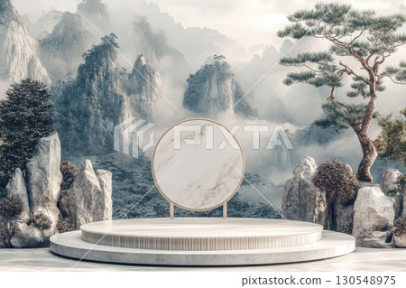 Scenic mountainous landscape with circular marble stage serene nature setting artistic display calm environment elevated view Scenic mountainous landscape with circular marble stage serene nature setting artistic display calm environment elevated view 130548975