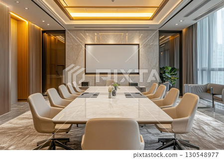 Strategic meeting setup modern office space interior design corporate environment wide angle view professional atmosphere 130548977