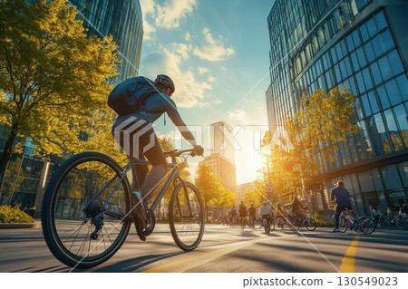 Cyclist riding through urban landscape at sunset city streets lifestyle photography modern environment captivating viewpoint Cyclist riding through urban landscape at sunset city streets lifestyle photography modern environment captivating viewpoint 130549023