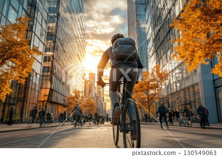 Cyclist riding through urban pathway cityscape in autumn photography afternoon light dynamic perspective urban lifestyle 130549063