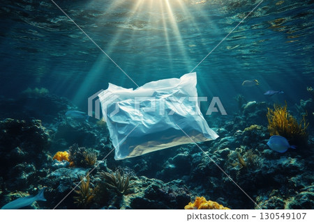 Environmental crisis plastic pollution in ocean underwater scene marine life aesthetic conservation focus 130549107