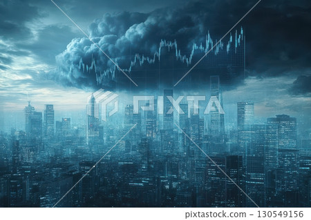 Economic uncertainty clouds urban skyline financial district digital art cityscape aerial view financial markets 130549156