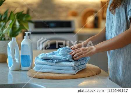 Neatly folding towels home laundry room lifestyle photography cozy environment close-up view domestic chores Neatly folding towels home laundry room lifestyle photography cozy environment close-up view domestic chores 130549157