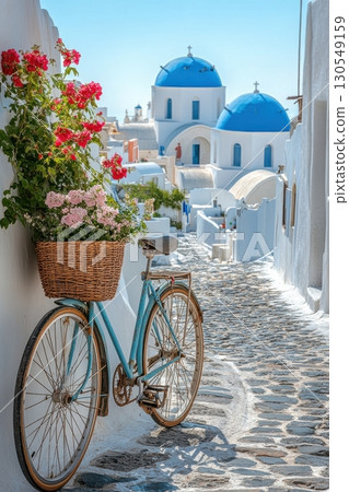 Biking through santorini streets greece travel photography quaint village bright day relaxation 130549159