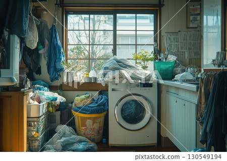 Cluttered laundry room urban home interior photography natural light close-up domestic challenges 130549194