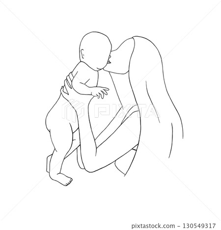 Mom kiss her baby. Mother picked up child in her arms. Graphic vector illustration, sketch line art style. About motherhood, Mother Day. For postcards, parenthood articles, packaging children product 130549317