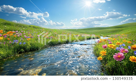 Flowing stream surrounded by colorful wildflowers sunny meadow nature landscape photography vibrant environment scenic viewpoint 130549335