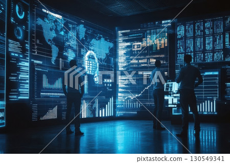 Data analysis meeting in high-tech office urban setting digital displays business insights futuristic environment 130549341