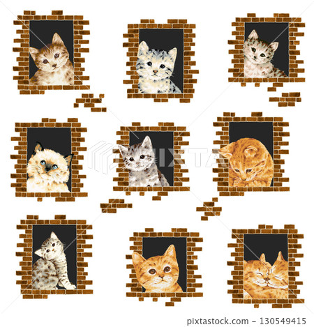 磚窗邊玩耍的可愛貓咪插圖， 130549415