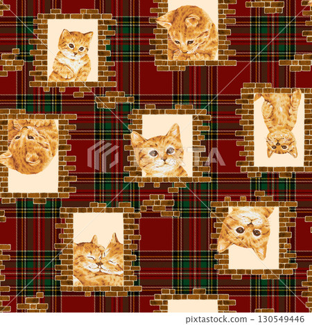 Textile pattern of cats playing by a brick window, Textile pattern of cats playing by a brick window, 130549446