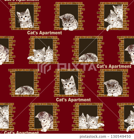 Textile pattern of cats playing by a brick window, 130549450