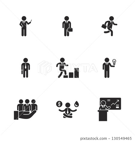 Businessman solid icon set used in leadership, finance, idea, growth, and career clip art. Businessman solid icon set used in leadership, finance, idea, growth, and career clip art. 130549465