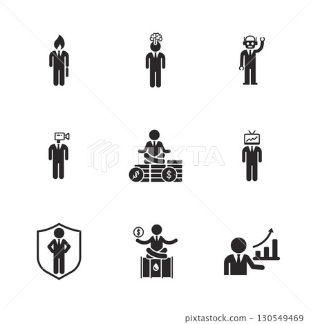 Creative businessman icon set showing modern work, finance, AI, tech, and growth concepts in solid style 130549469