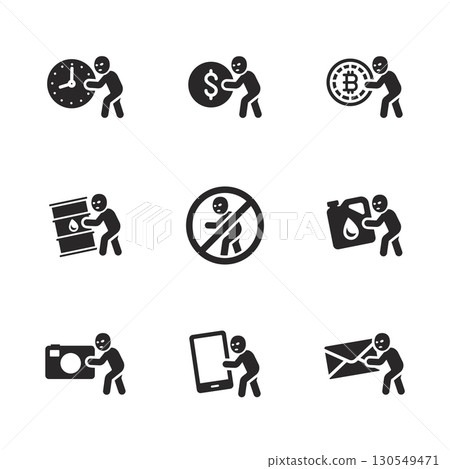 Theft icon set featuring various crimes including wallet, time, oil, digital assets, and anti-theft warning 130549471