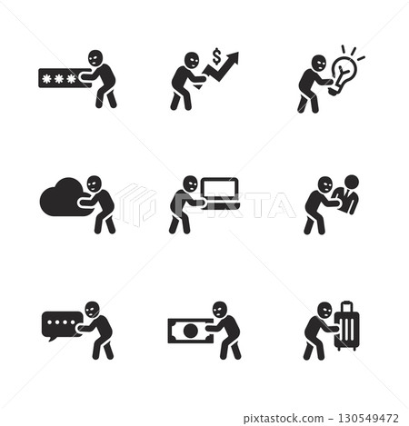 Thief icons set stealing data money ideas and identities highlight modern digital and financial crimes 130549472